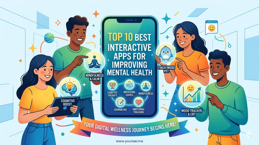 Diverse group exploring interactive mental health apps for mindfulness and mood tracking.