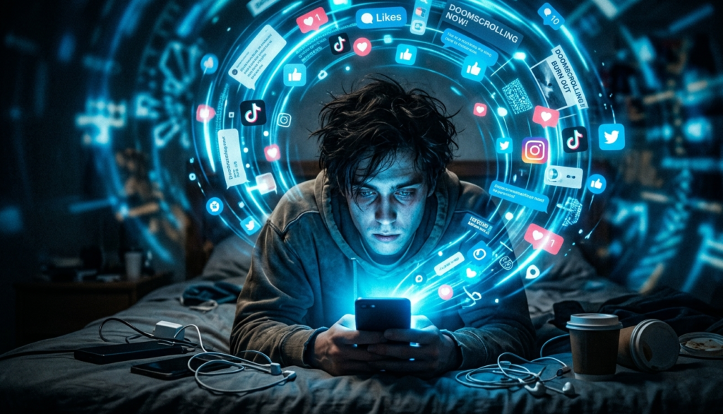 Exhausted man scrolling on smartphone in a dark bedroom surrounded by holographic social media icons