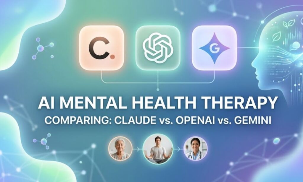 Comparison chart of Claude, OpenAI, and Gemini AI models highlighting their empathy, reasoning, and mental health safety features.