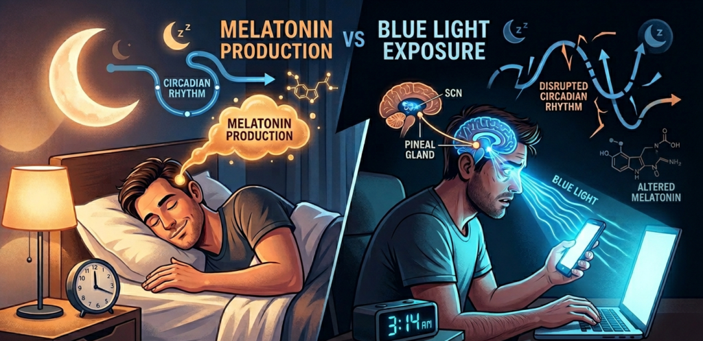 Infographic comparing healthy sleep melatonin levels with blue light screen time disruption.