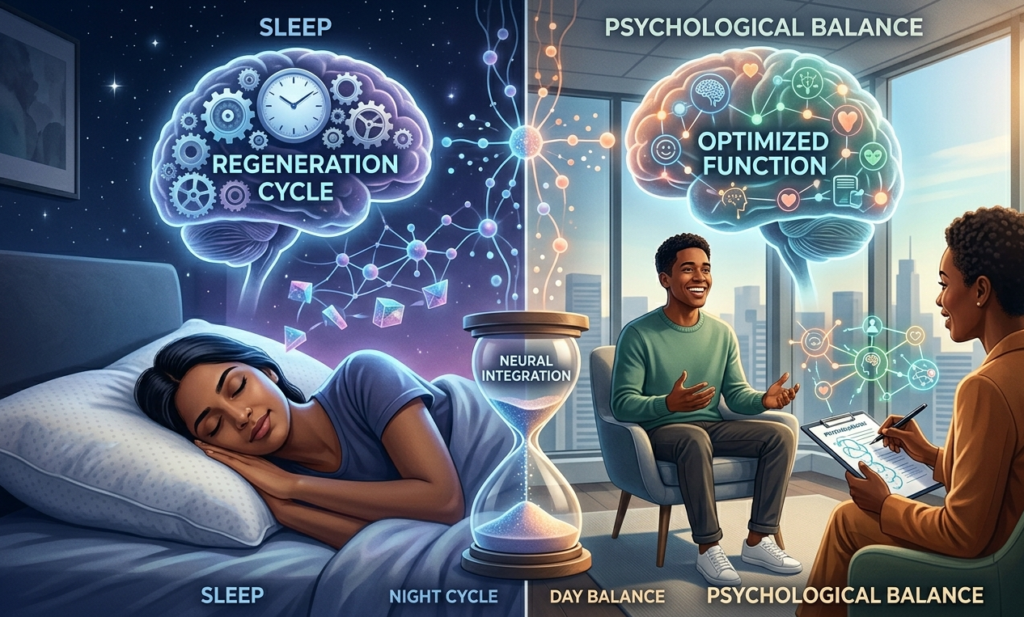 Infographic mapping the bidirectional link between sleep cycles and psychological balance.