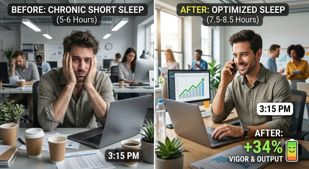 Before and after comparison showing how 1.5 hours more sleep boosts workplace energy and focus.