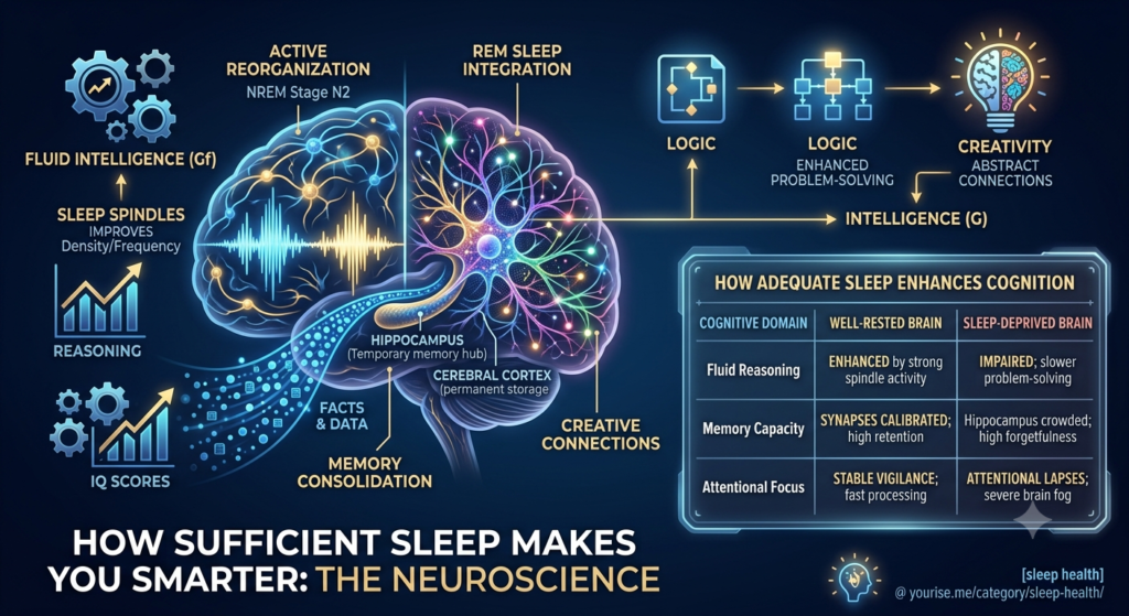 Diagram showing how sleep architecture, sleep spindles, and memory consolidation boost IQ.