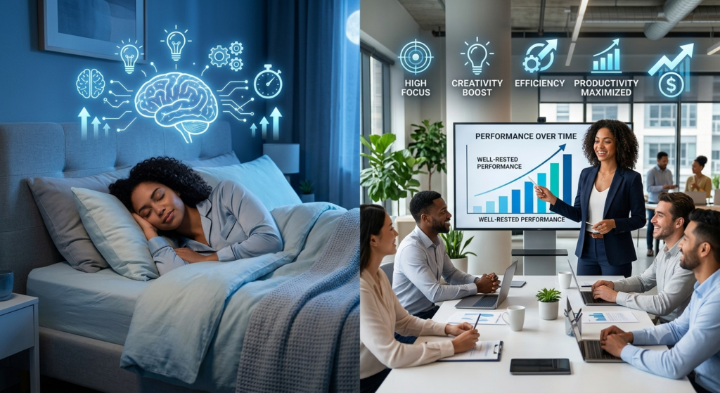 Woman sleeping peacefully next to a split screen showing a productive corporate meeting.