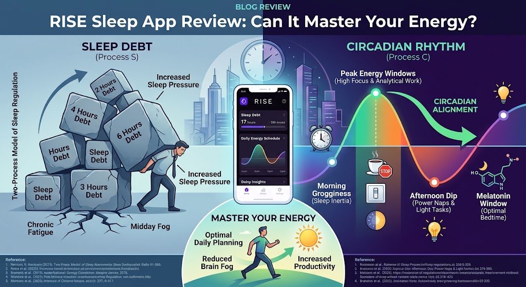 Discover how the RISE sleep app uses sleep debt and circadian rhythms to boost energy. Read our full review on features, pricing, and science.