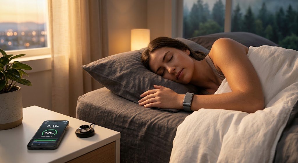 Person sleeping peacefully while wearing a WHOOP strap with a sleep tracking app on a bedside table