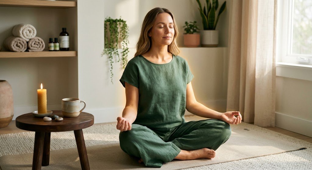 Woman calmly meditating, radiating a golden glow, embodying nervous system regulation beauty.