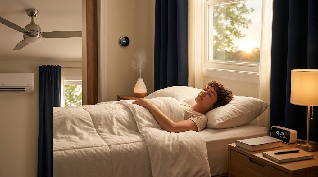 Woman sleeping peacefully in a comfortable, temperature-controlled bedroom with morning sunlight.