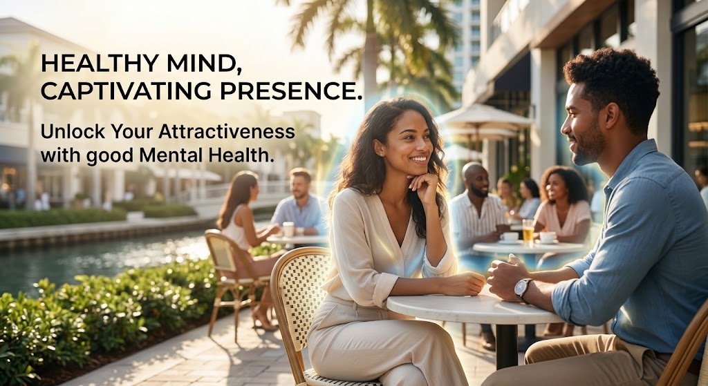 A confident, smiling woman connects with a man in Aventura, showcasing authentic attraction.