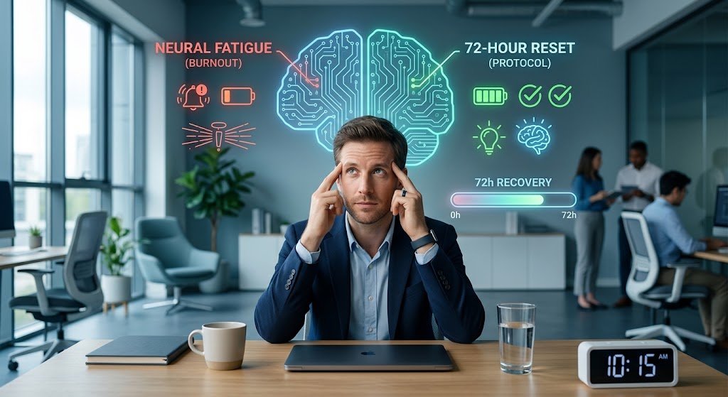 Infographic comparing digital burnout symptoms with a 72-hour neural fatigue reset protocol