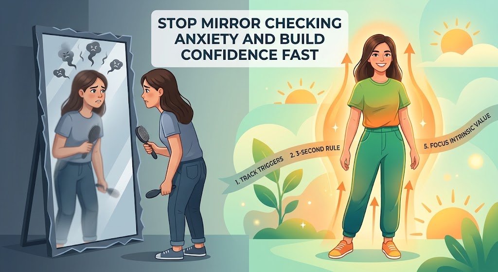 Woman overcoming mirror checking to build confidence